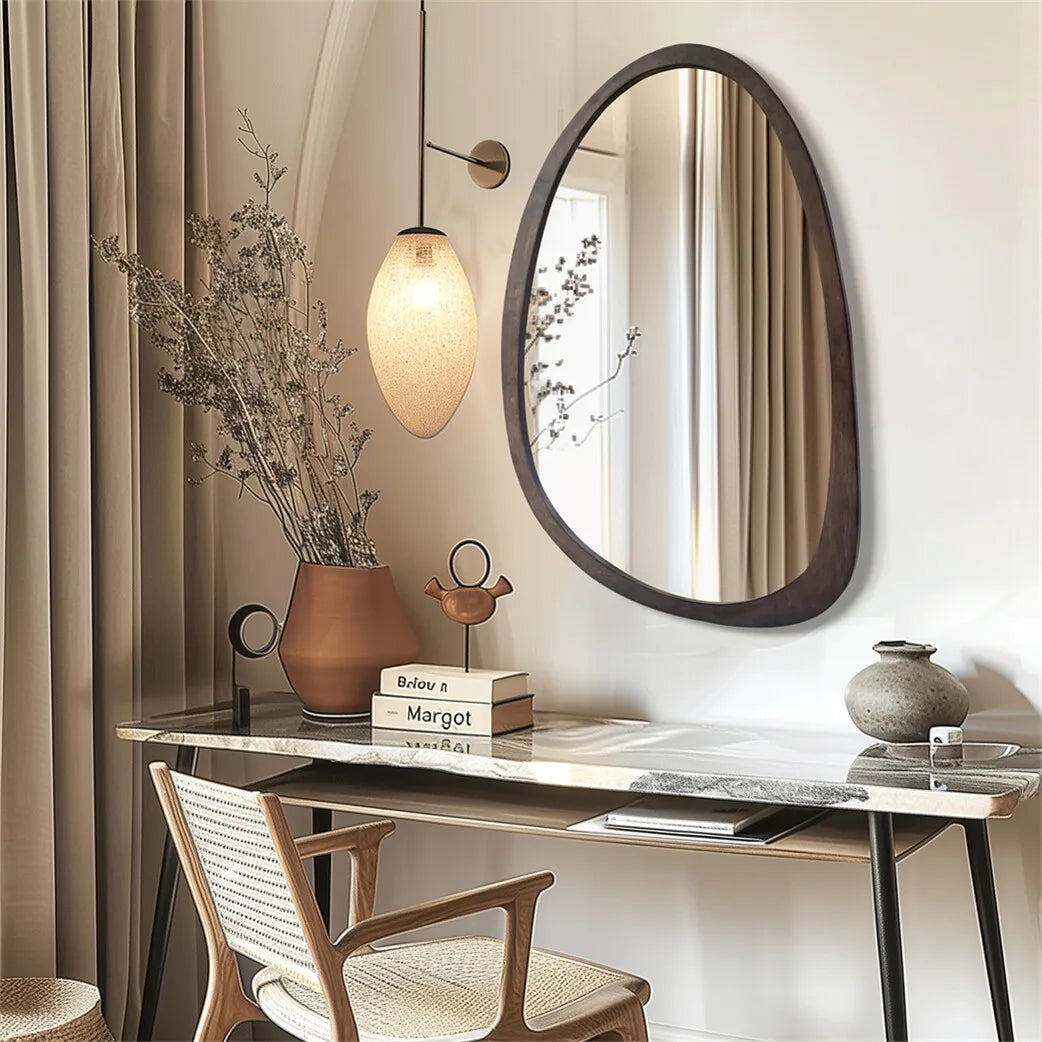 BORWART Walnut Wood Frame Wall Mirror Decorative Irregular Industrial Style for Living Room Bedroom Bathroom Entryway