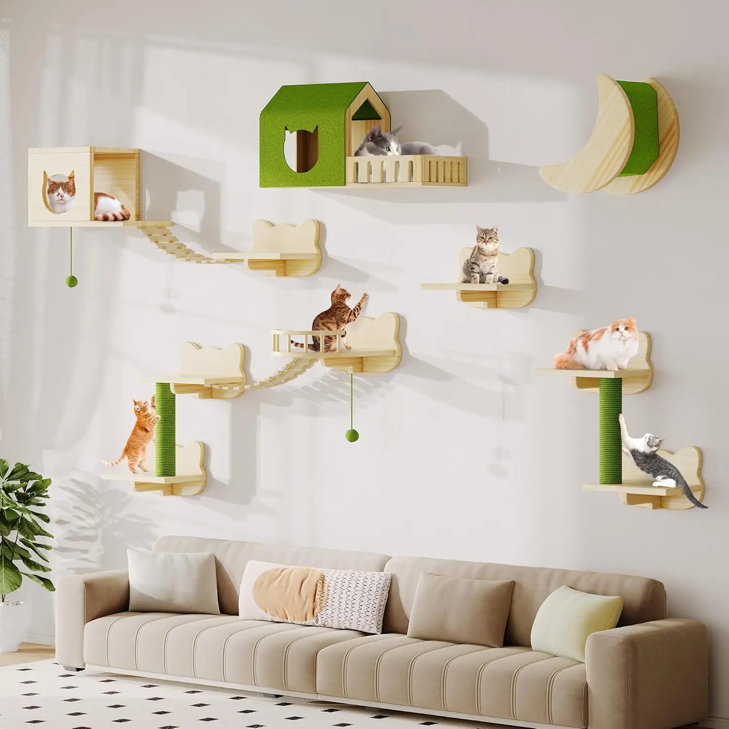 Solid Wood Cat Wall Shelves Set with Climbing Perches, Steps, Bridge Ladder and Scratching Posts for Large Cats