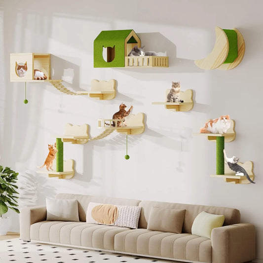 Solid Wood Cat Wall Shelves Set with Climbing Perches, Steps, Bridge Ladder and Scratching Posts for Large Cats
