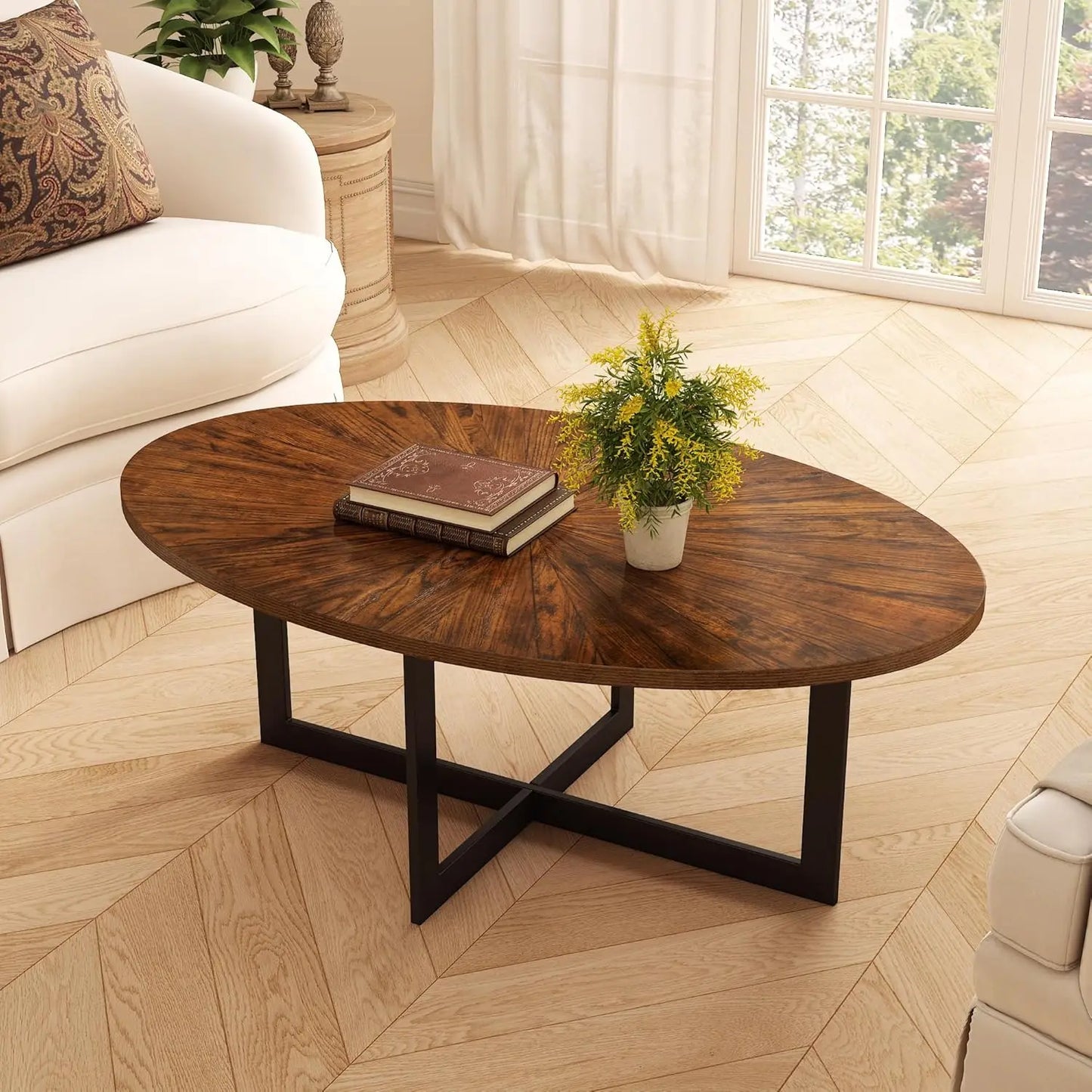 Solid Wood Oval Coffee Table With Cross Metal Legs