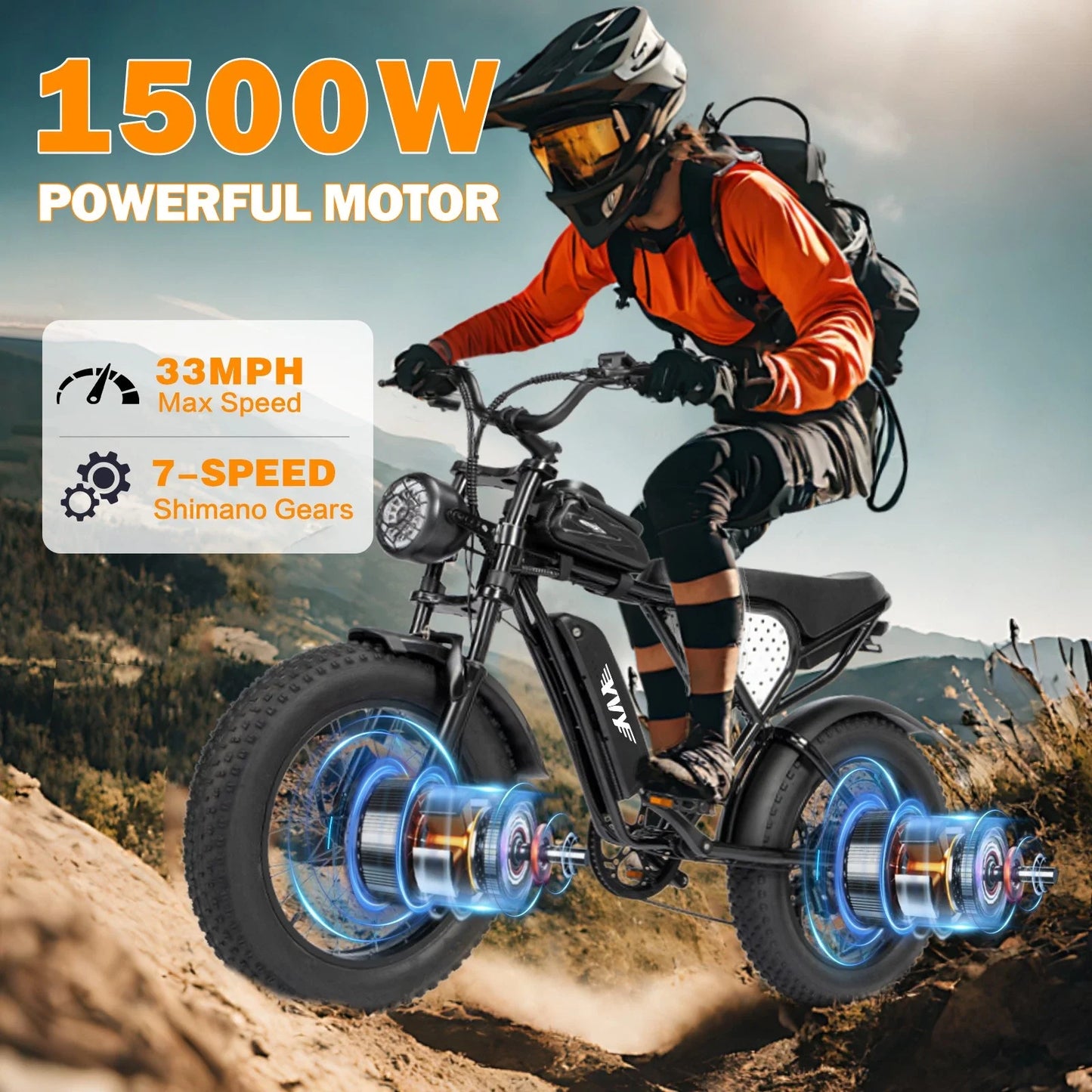 YVY 1500W Fat Tire Electric Mountain Bike AllTerrain RemovableBatterySystem ProEditionPlus
