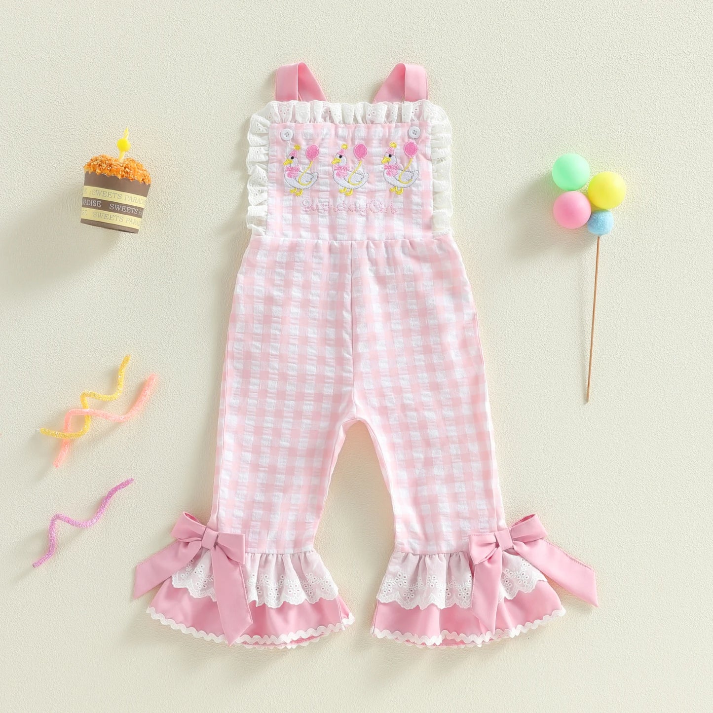 Girls Jumpsuit With IntricatelyDetailed Checkered Embroidered Goose Motif Everyday Wear
