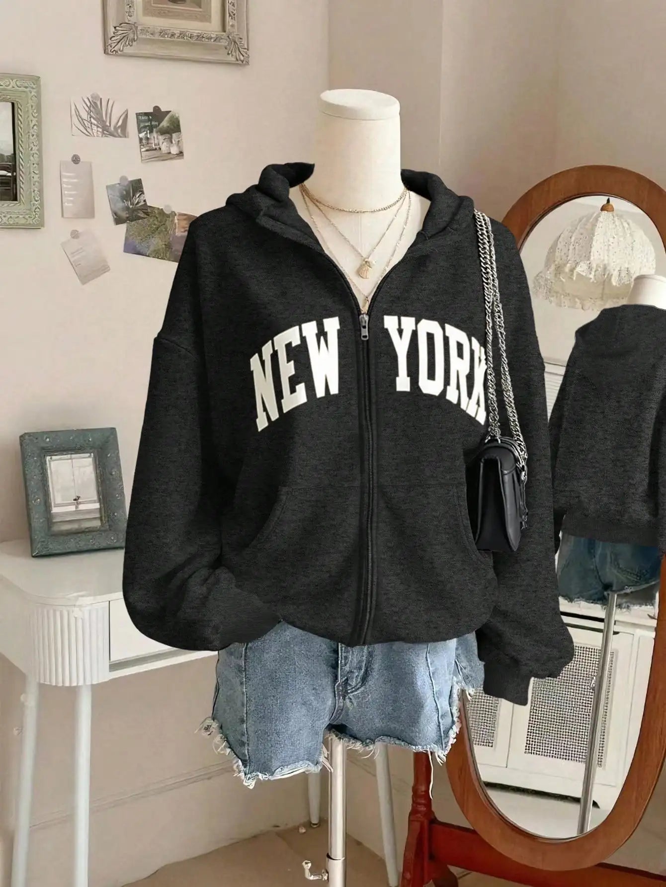 Women's Burgundy New York Letter Print Zip-Up Hoodie, Loose Fit Casual Sweatshirt