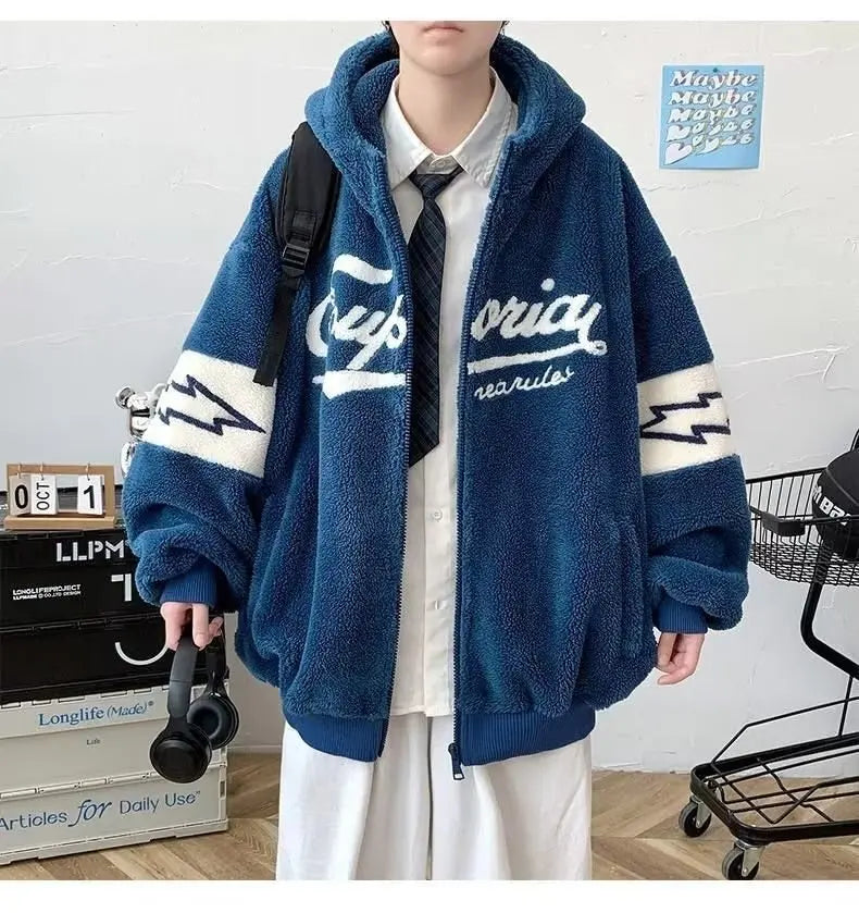 Autumn Winter Men's Jacket Trendy Youth Fleece Lined Cotton Coat Oversize Lamb Fur Hooded Jacket Loose Fit
