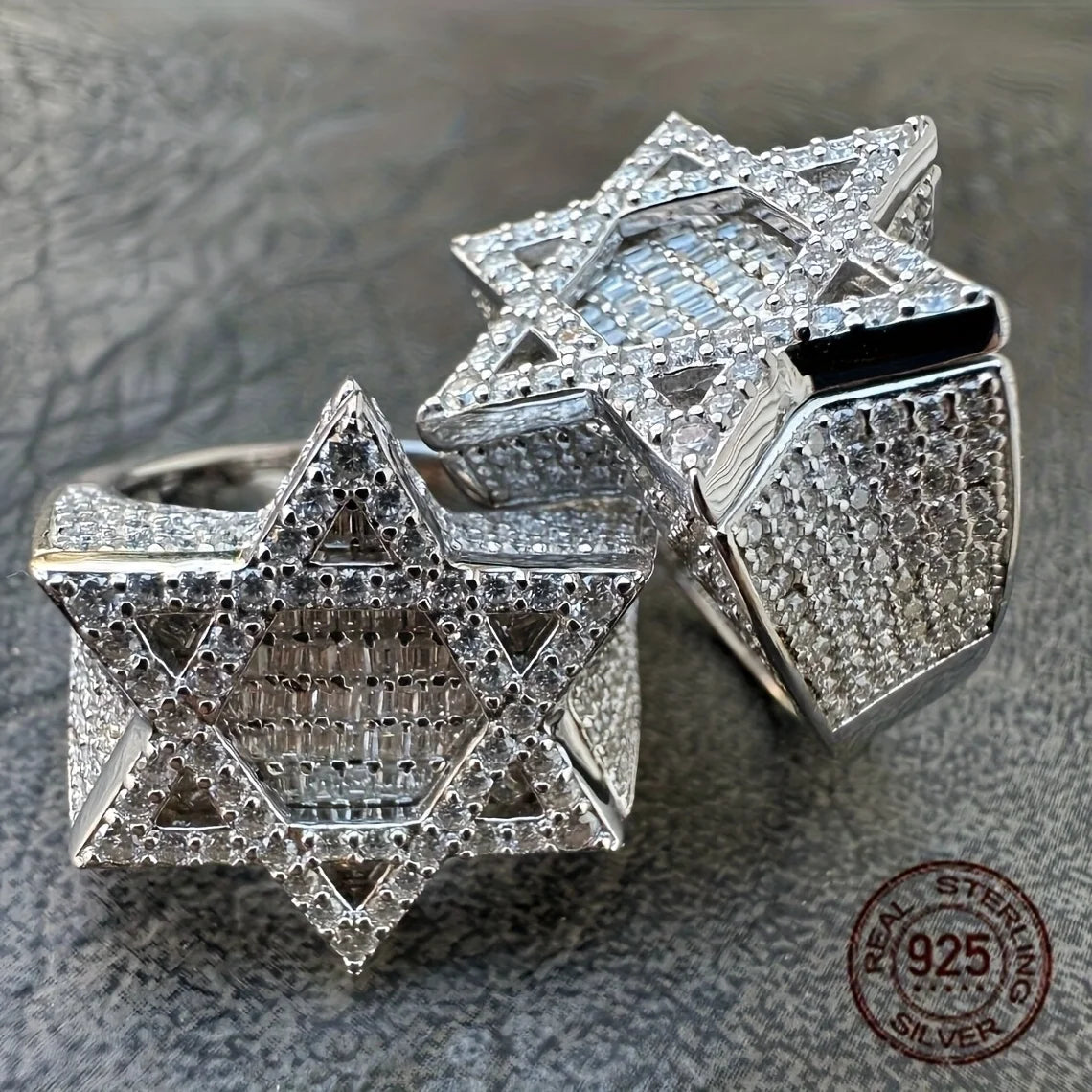WPOOCC Men's 925 Sterling Hexagram Hip Hop Ring Platinum Plated