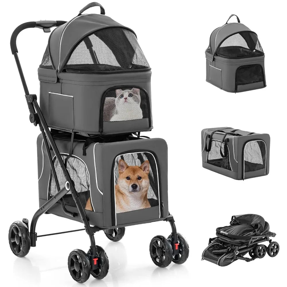 RBXC Two Dog Stroller With Detachable Carriers And Safety Belt