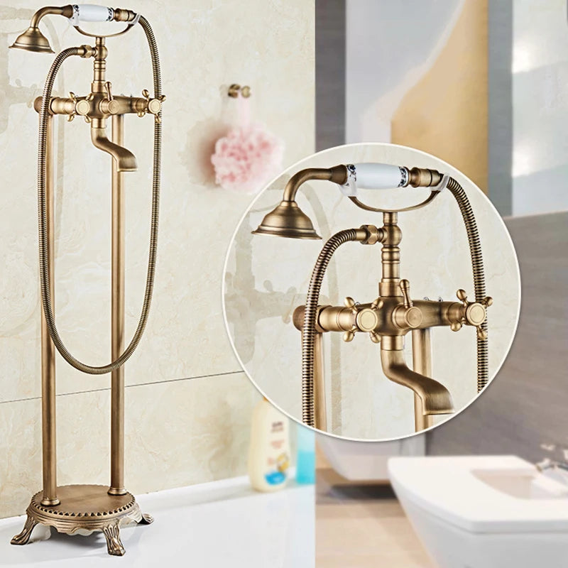 ALENARTWATER Brass Antique Bathroom Faucet Set With 360 Rotation Floor Stand Telephone Hand Shower