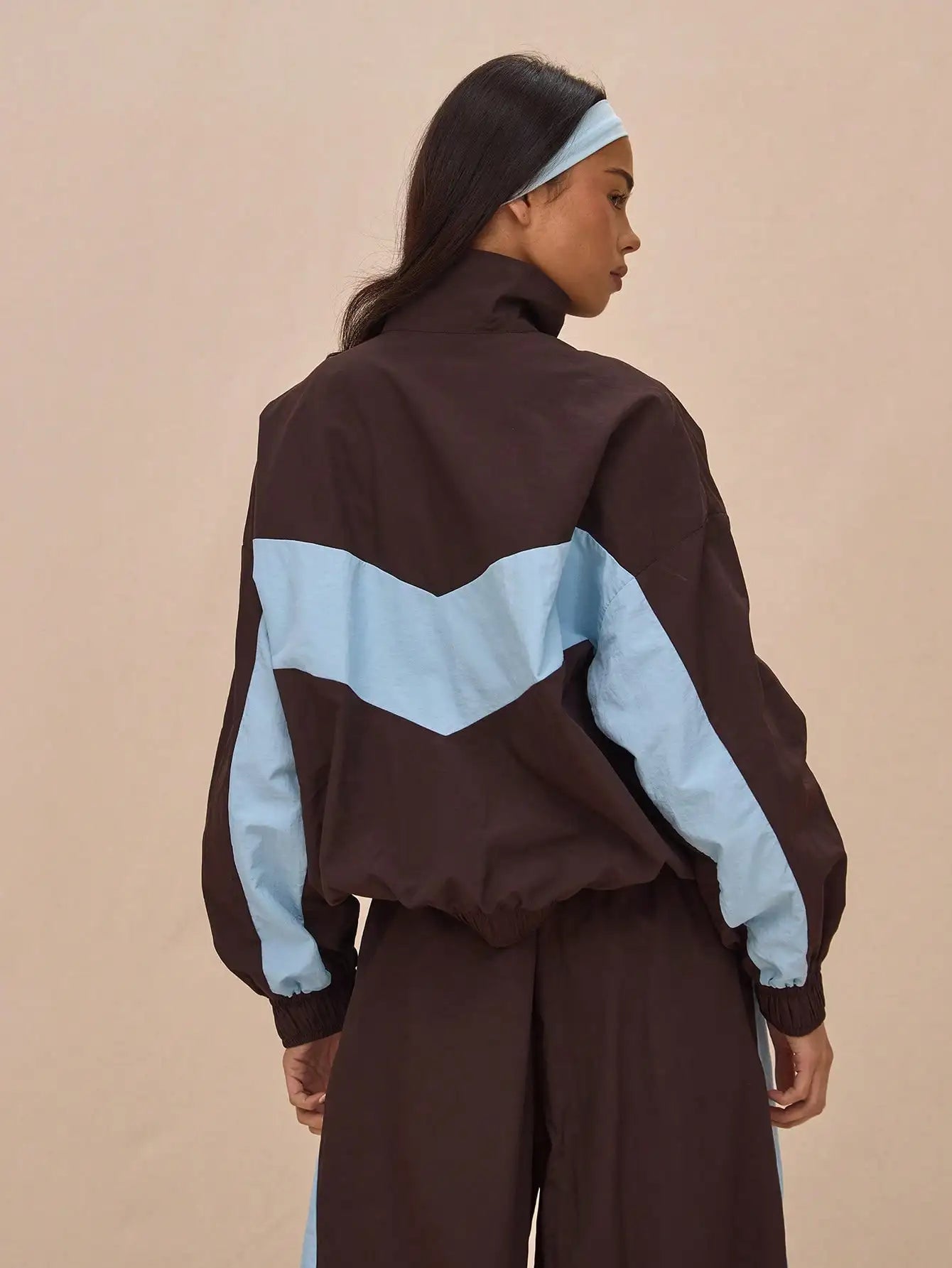 Oversized Nylon Track Jacket with Contrast Panels, Full Zip, Sporty Style for Spring Festival & Everyday Wear