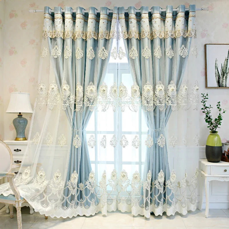 Double Layer Blackout Curtains With Embossed Base And 3D Embroidered Detailing In Polyester For Bedroom And Living Room