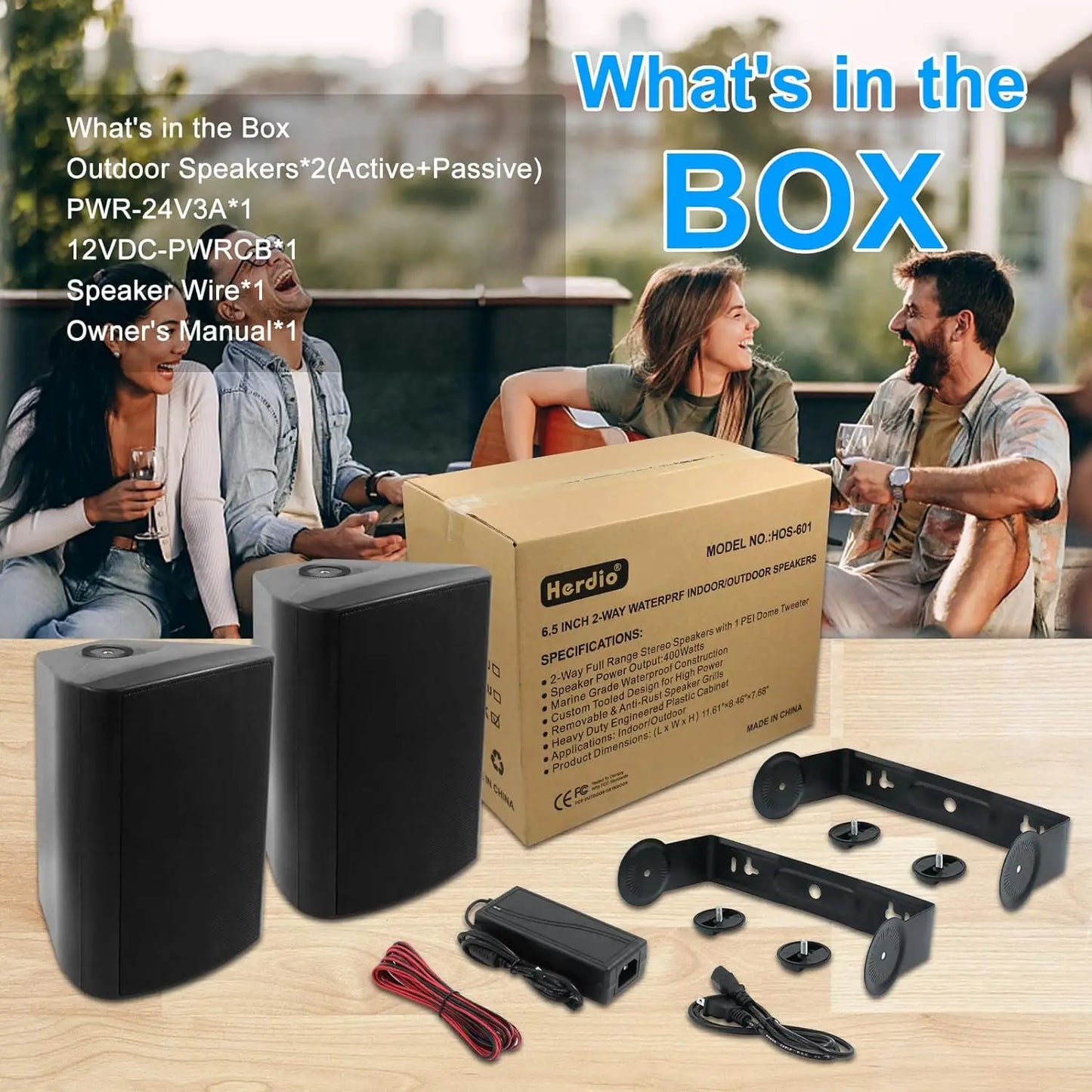 Herdio 400W Indoor Outdoor Bluetooth Wall Mount Speakers 2 Pack