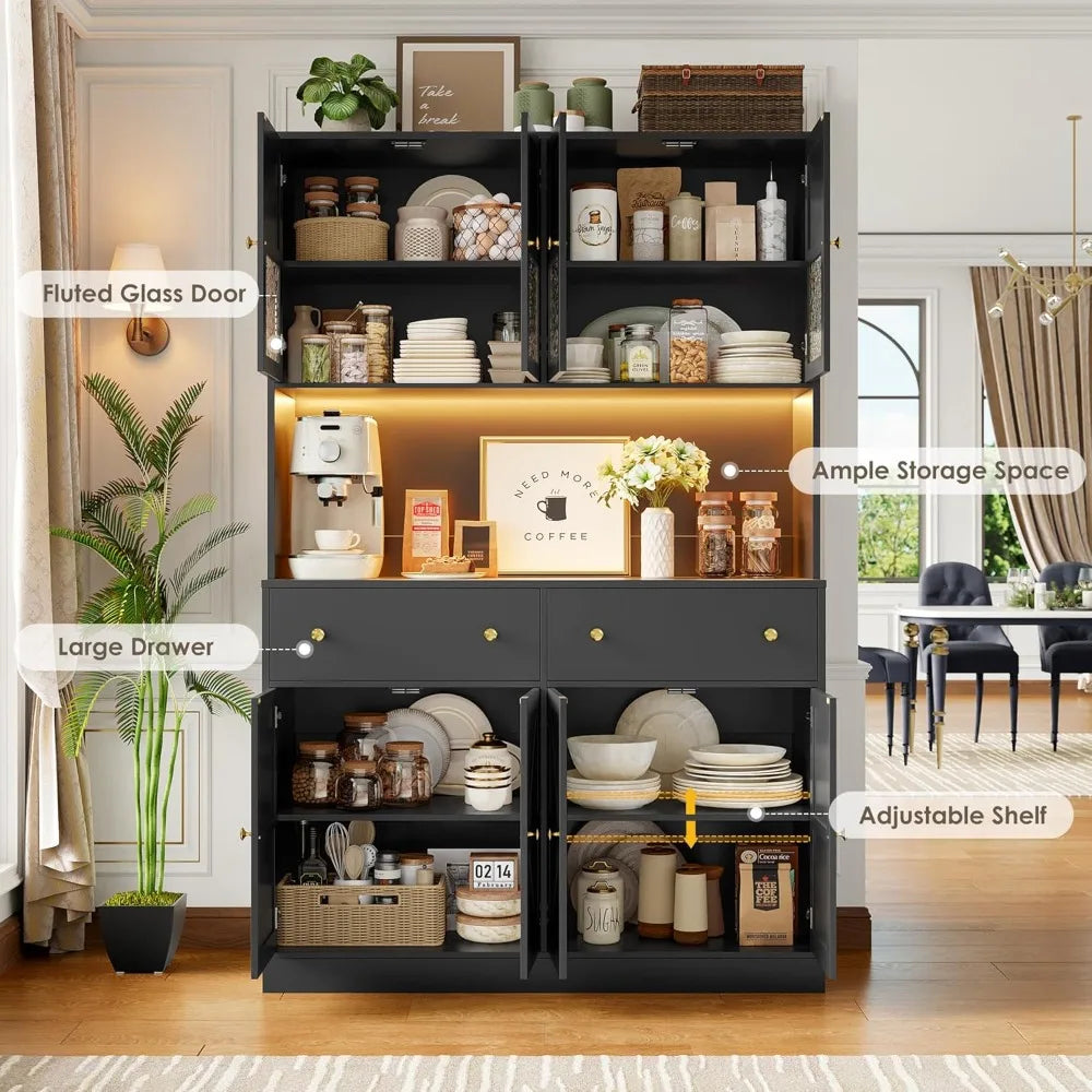 Farmhouse Pantry With LED Lighting Charging Station And Microwave Mount