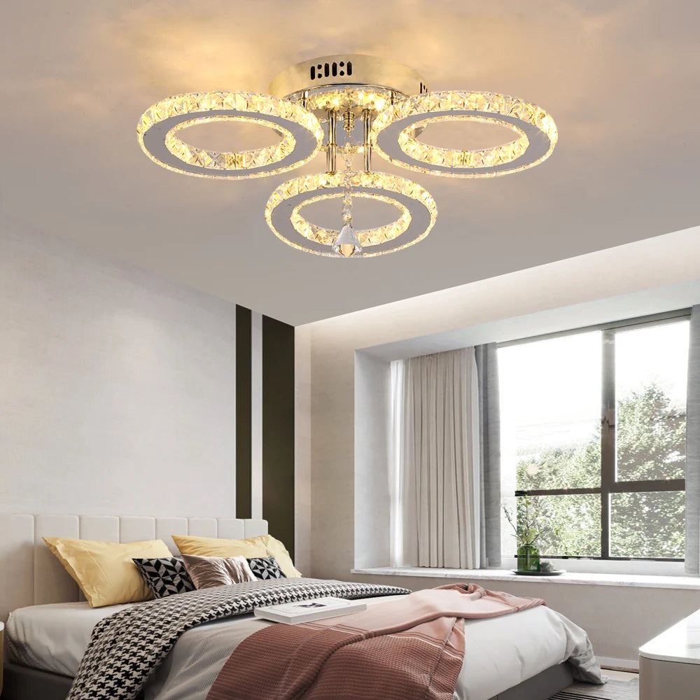 GreeLustr Crystal Chandelier Ceiling Lamp 3 Rings Chrome Pendant Light Modern Flush Mount for Bedroom
