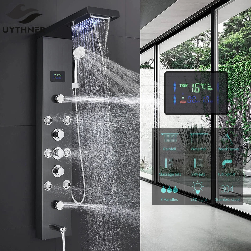 Uythner HighIntensityLED Shower Panel System With Rainfall Massage Temperature Display