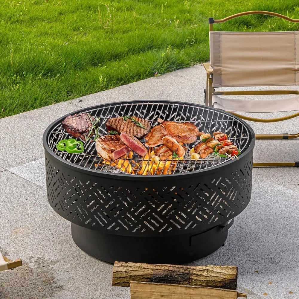 Wood Burning Fire Pit Table for Outdoors with Grill Lid Waterproof Cover Included