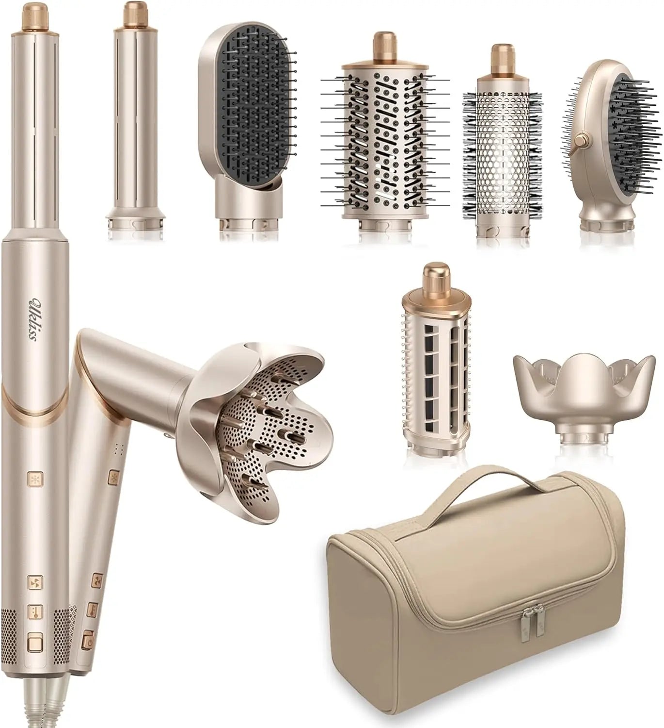 Foldable 8-in-1 Hair Dryer Brush Set with Diffuser and Auto-Wrap Curler for Fast Drying, Curling, Straightening