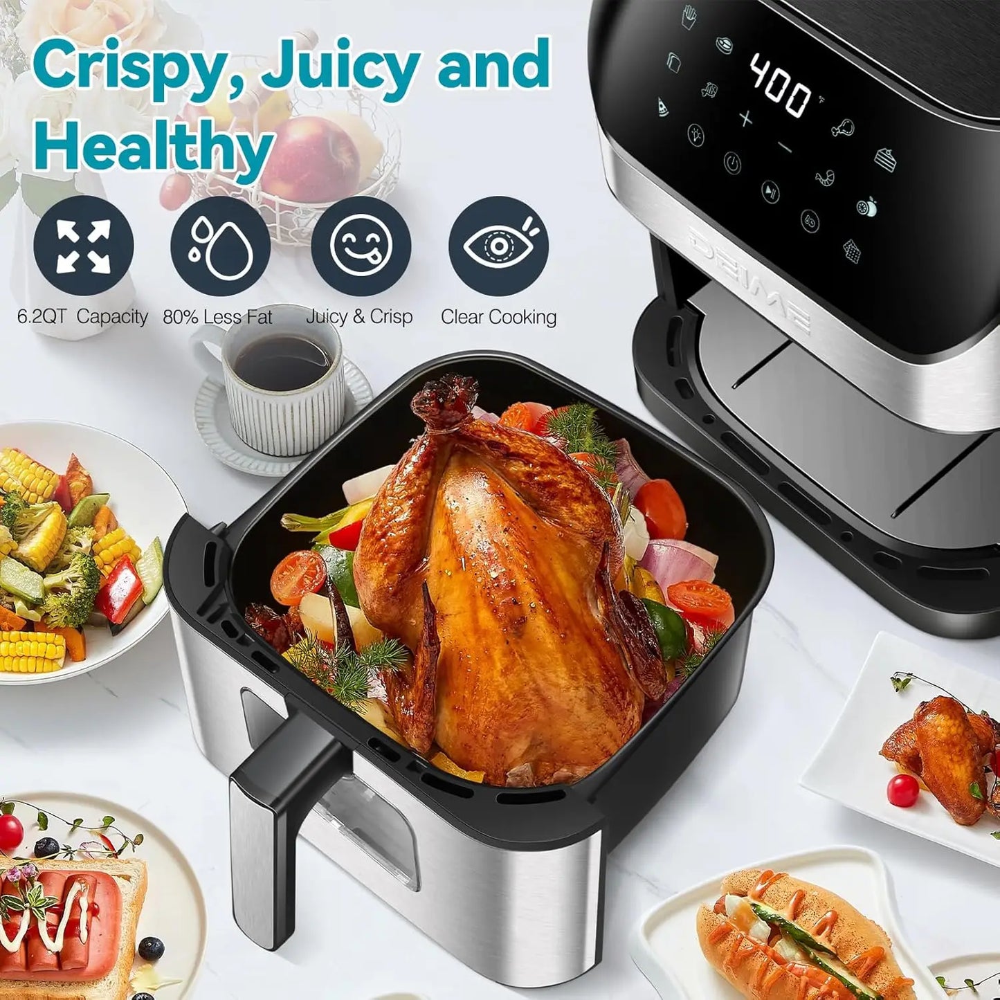 Air Fryer 6.2 QT Oilless 1500W Large Capacity Oven Air Fryers Healthy Cooker with 10 Preset, Visual Cooking Window, Non-Stick Ba