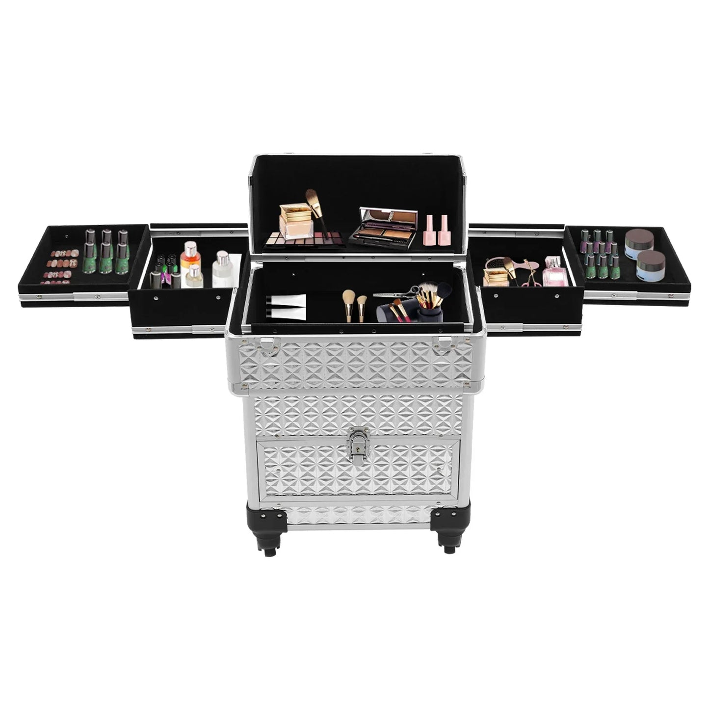 BYMAOCAR Travel Beauty Luggage W/Trolley Lock, Rolling Makeup Train Case, Portable Makeup Organizer Suitcase