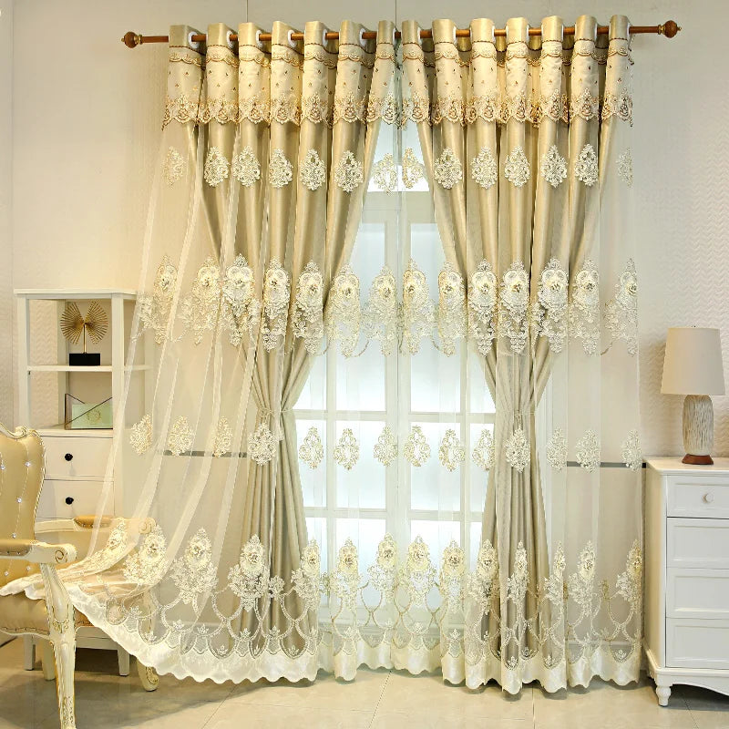 Double Layer Blackout Curtains With Embossed Base And 3D Embroidered Detailing In Polyester For Bedroom And Living Room