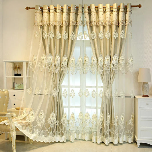 Double Layer Blackout Curtains With Embossed Base And 3D Embroidered Detailing In Polyester For Bedroom And Living Room