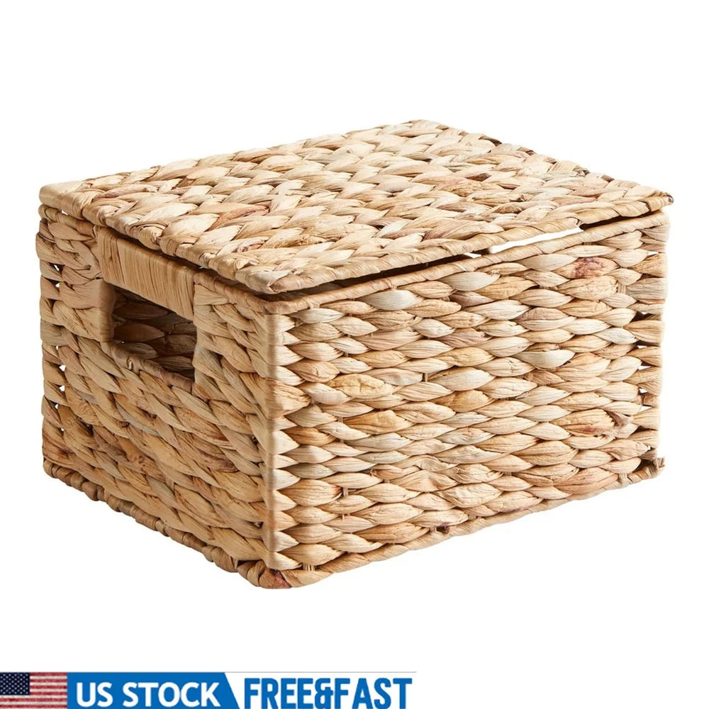 Hyacinth Basket With Lid Handmade Woven Storage Organizer For Home And Bathroom Decor