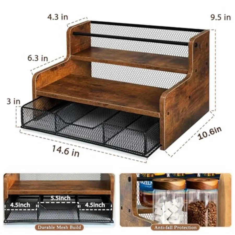 Coffee Syrup Organizer 3Tier 12 Bottles Coffee Syrup Rack with 36 K Cup Storage Basket for Coffee Bar Organizer Wine Office Kit