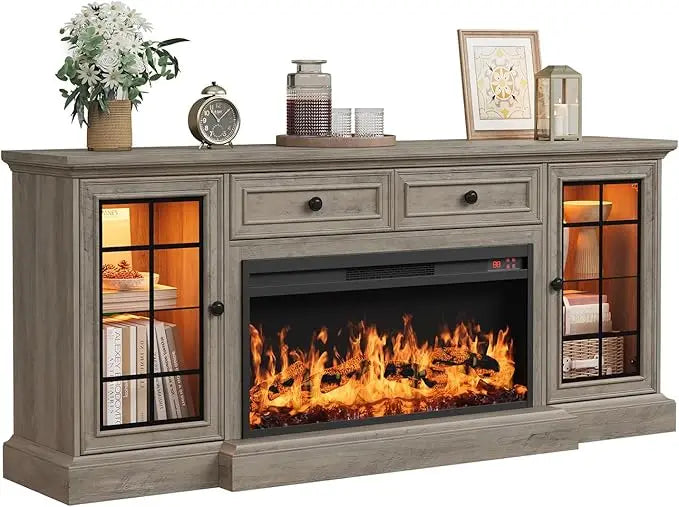 ZHUXIANG Modern Farmhouse TV Stand and Entertainment Center With Electric Fireplace And LED Lighting