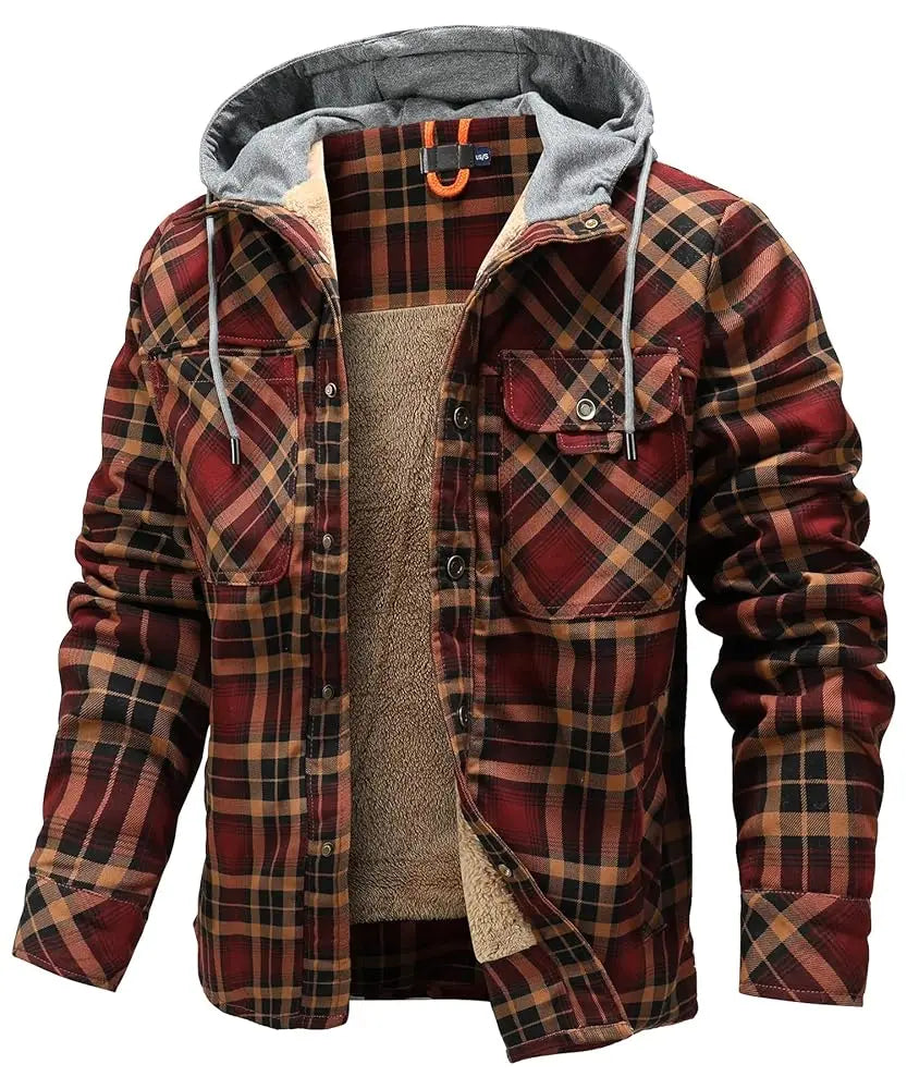 Fujian Men Winter Hooded Plaid Sherpa Lined Jacket