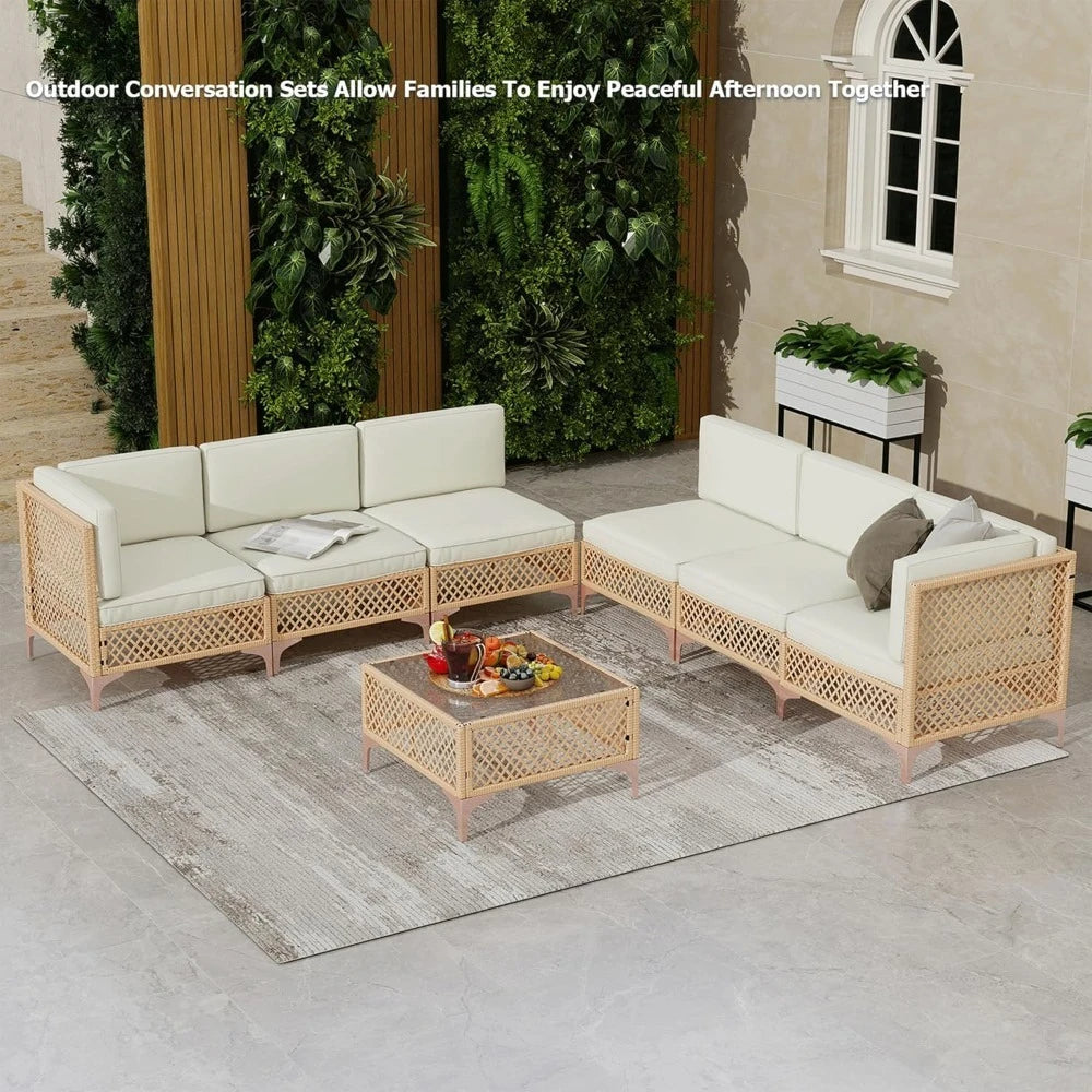 Outdoor Patio Furniture Set Wicker Sectional Sofa Boho Conversation With Tempered Glass Table