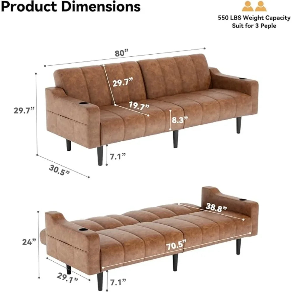 HUANZHUANG Faux Leather Sofa Bed With Adjustable Backrest