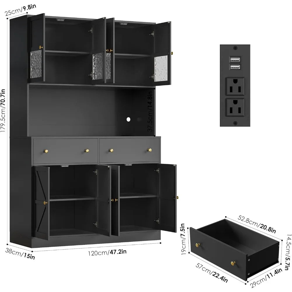Farmhouse Pantry With LED Lighting Charging Station And Microwave Mount