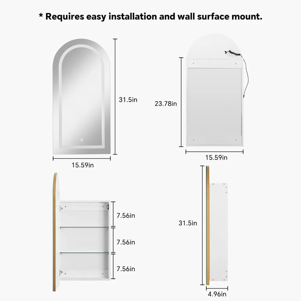Arched LED Medicine Cabinet Wall Mounted Mirror With Storage