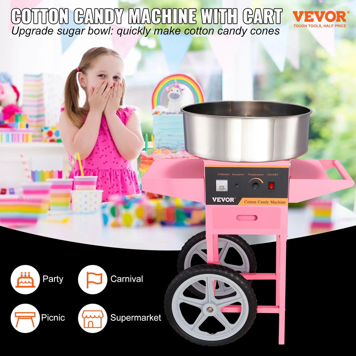 SucceBuy Electric Cotton Candy Machine with Cart 1000W Commercial Floss Maker with Stainless Steel Bowl Sugar Scoop and Drawer