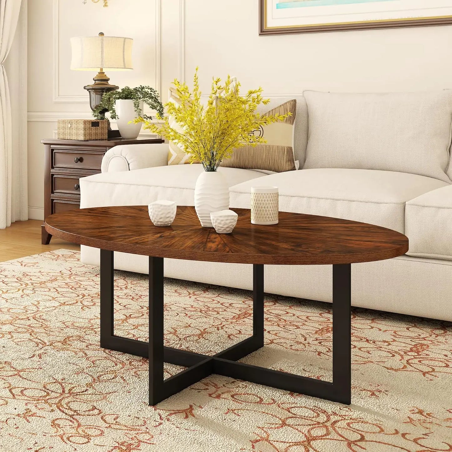 Solid Wood Oval Coffee Table With Cross Metal Legs