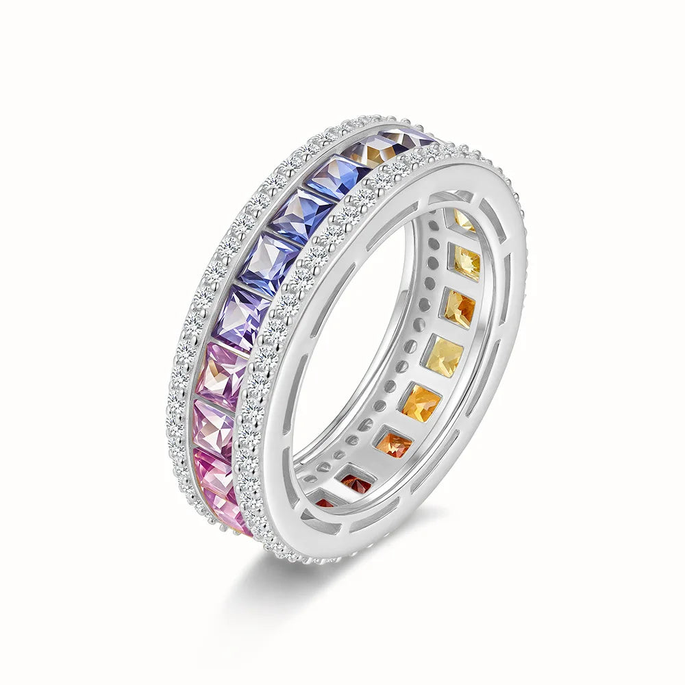 Multi-Color Moissanite Eternity Ring, 3*3MM D-Color Gemstone S925 Silver 18K Gold Plated, 5A Zircon Women Fashion Engagement Sta