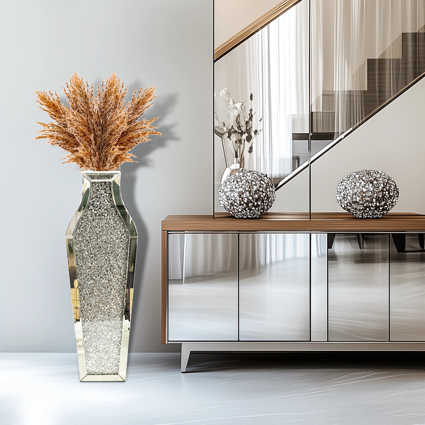 Crushed Diamond Floor Vase Crystal Silver Glass Mirrored Home Decor