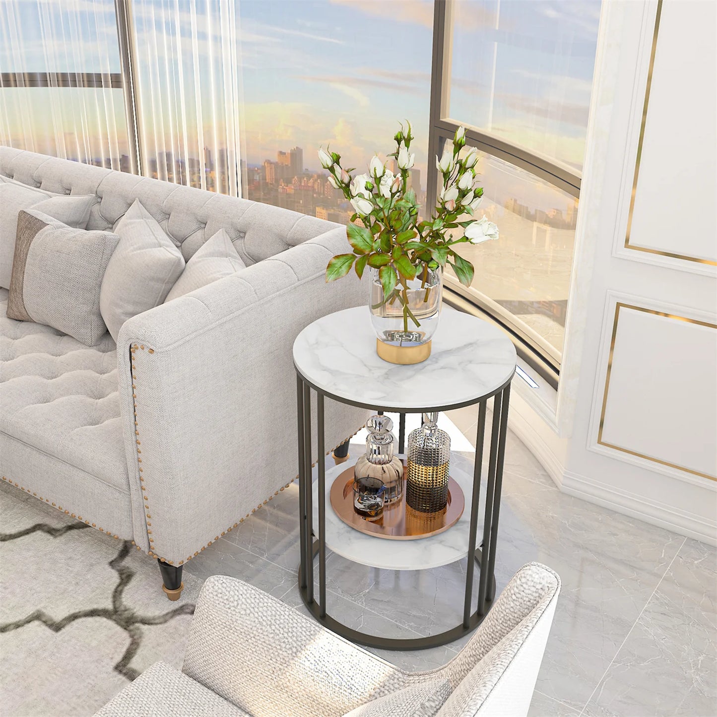 Wisfor End Table With Sintered Stone Top Modern Nightstand Storage, Living Room Accent