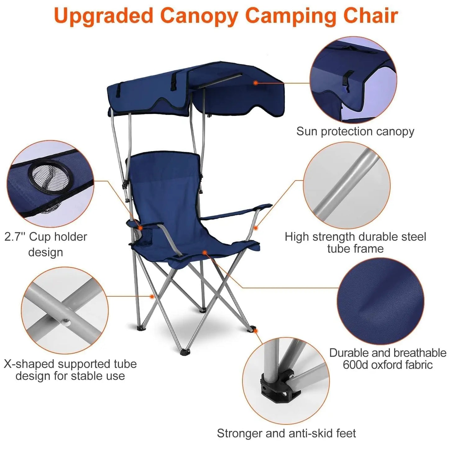 Camping Chair With Canopy Outdoor Portable Folding Lounge Chair UPF 50 Sun Shade Cup Holder