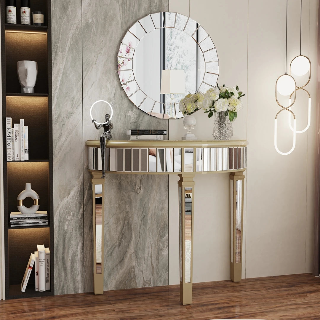 Modern HalfMoon Mirrored Console Table for Living Room and Hallway