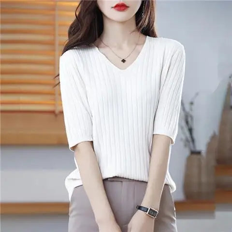 Women's Cashmere Knit V Neck Short Sleeve Pullover Sweater