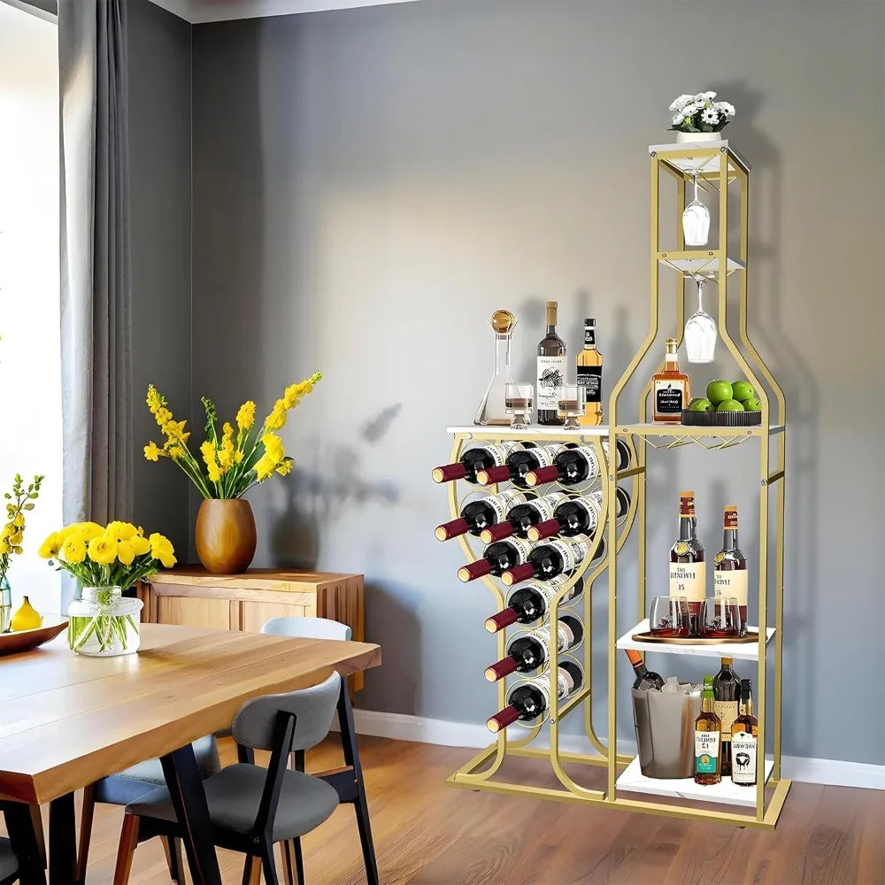 Freestanding Floor Wine Rack with Bottle and Glass Holder, Wrought Iron Wall Mount Rack, Home Wine Accessories