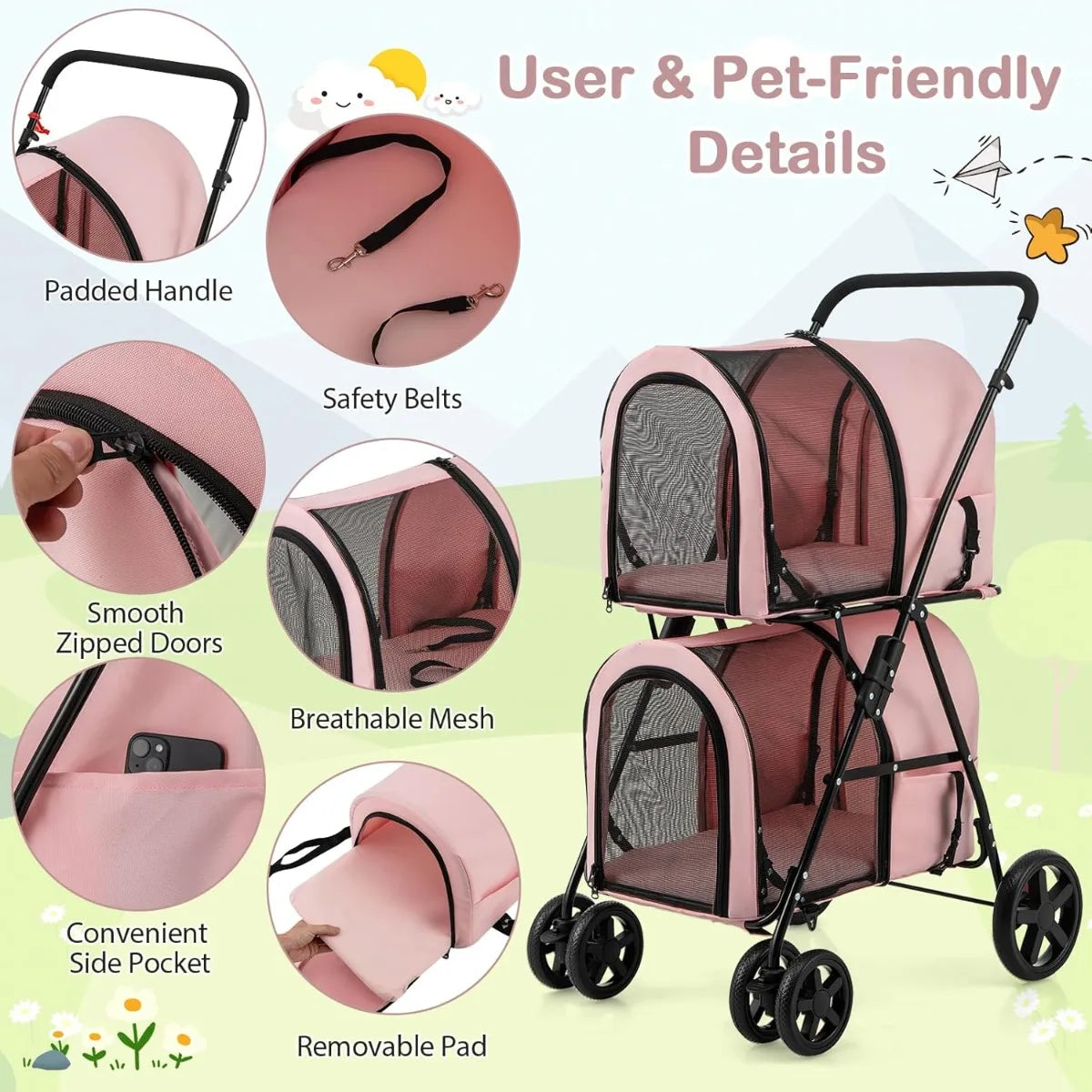 XMSJ Giantex Double Pet Stroller With Detachable Carrier Bags
