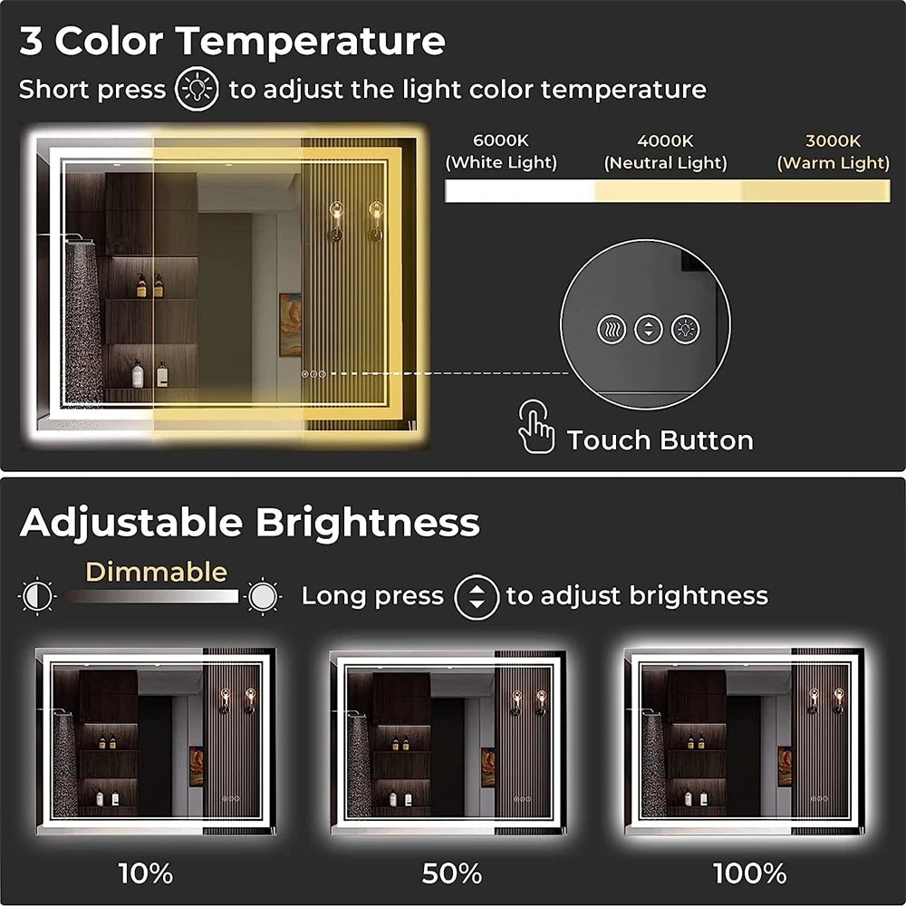 Wisfor LED Backlit Bathroom Mirror With Front And Back Lighting Dimmable Vanity Mirror HD Anti Fog