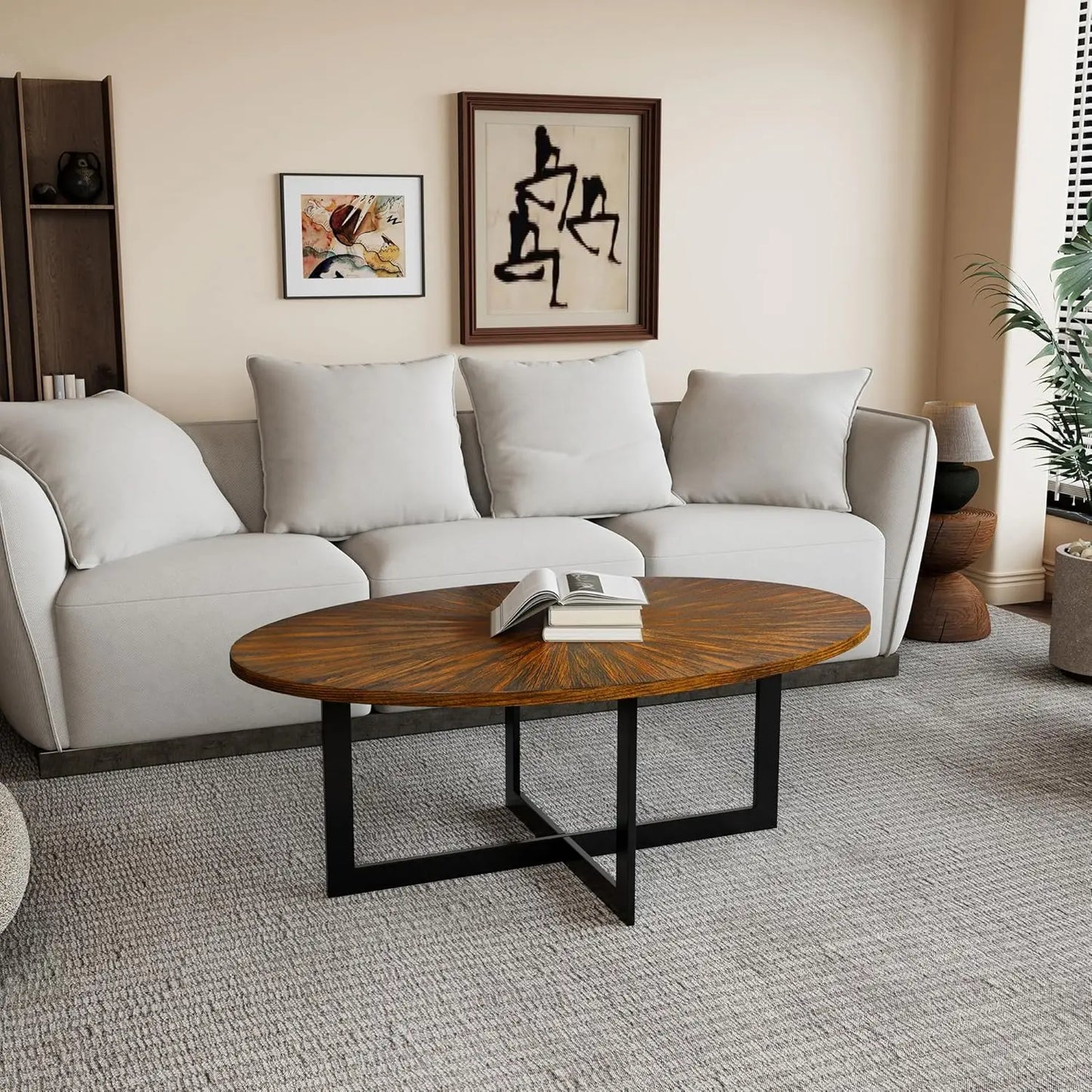Solid Wood Oval Coffee Table With Cross Metal Legs