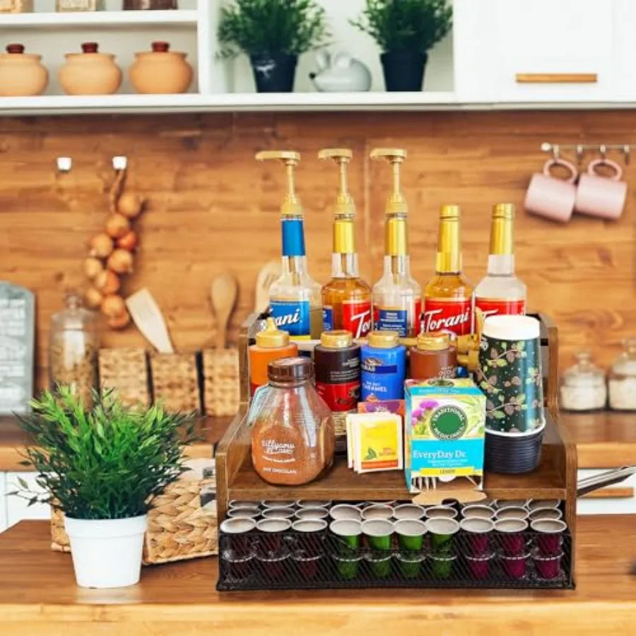 Coffee Syrup Organizer 3Tier 12 Bottles Coffee Syrup Rack with 36 K Cup Storage Basket for Coffee Bar Organizer Wine Office Kit