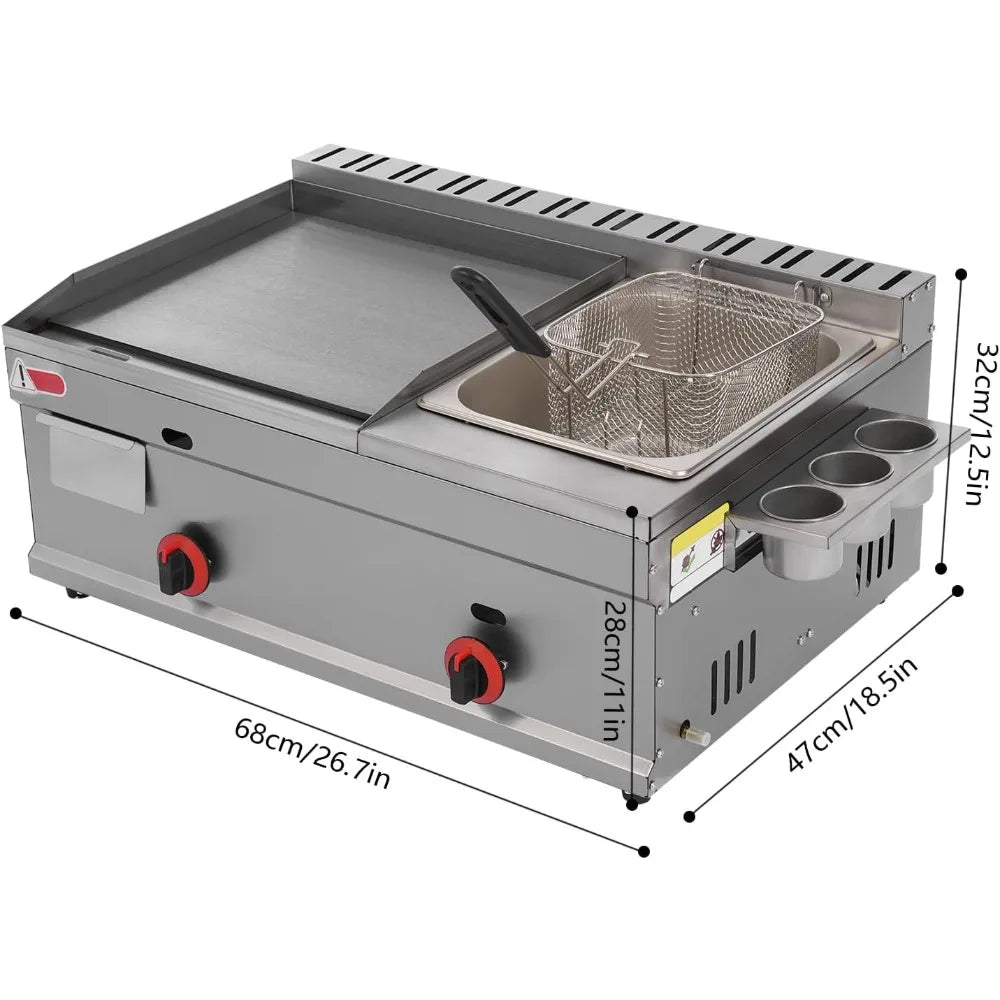 Dual Burner Countertop Cooking Station with Stainless Steel Fryer and Gas Griddle