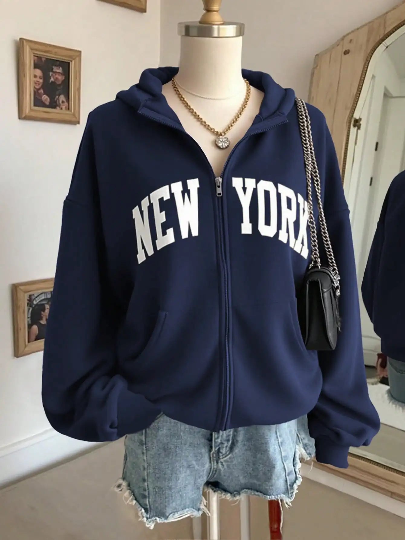 Women's Burgundy New York Letter Print Zip-Up Hoodie, Loose Fit Casual Sweatshirt