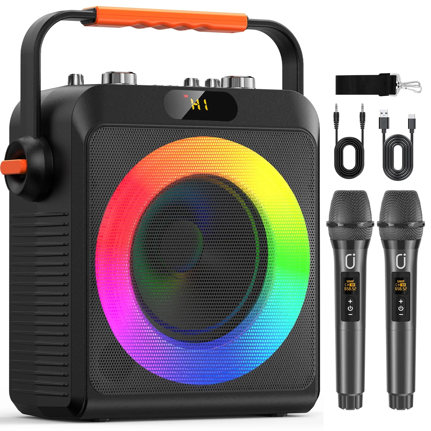 2 Wireless Microphones T19-T Karaoke Machine | Black Karaoke Speaker With Treble/Bass Adjustment, Wireless Speaker PA System