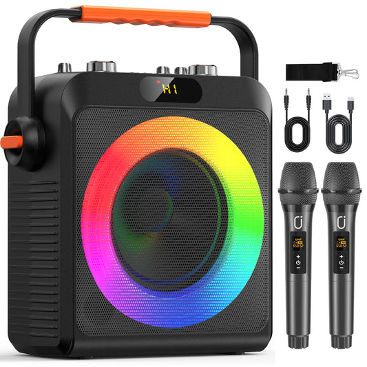 2 Wireless Microphones T19-T Karaoke Machine | Black Karaoke Speaker With Treble/Bass Adjustment, Wireless Speaker PA System