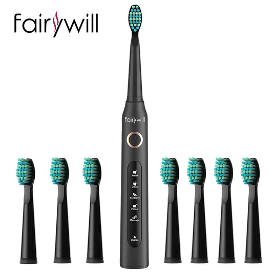 Fairywill FW-507 Electric Sonic Toothbrush Replacement Heads USB Charge Waterproof