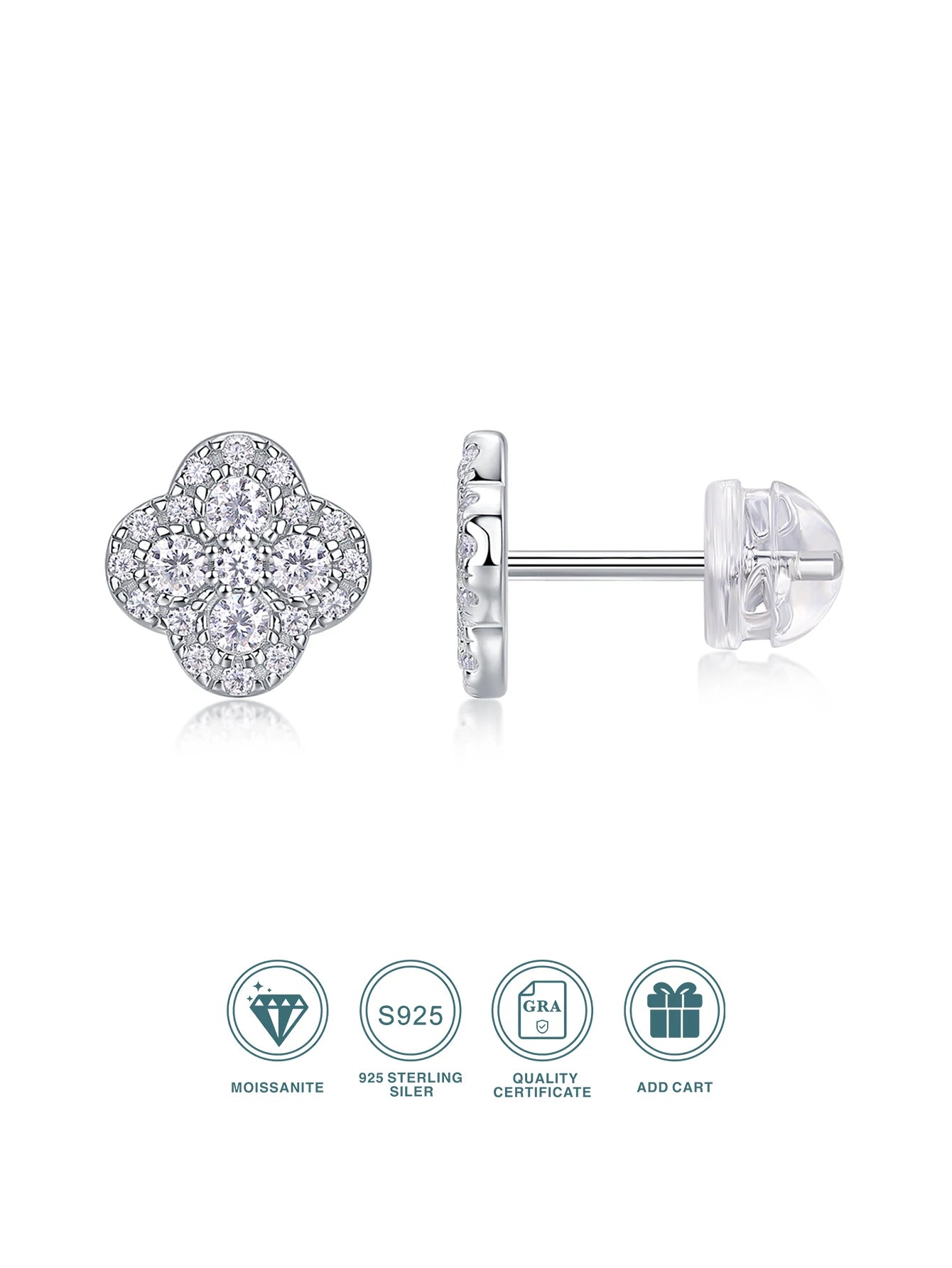 JIUZUAN Moissanite Flower Stud Earrings 925 Sterling Silver Gold Plated